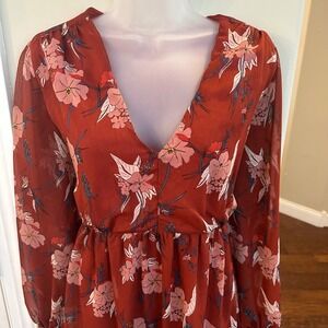 Eri + Ali Anthropologie Rust Floral V-Neck Midi Dress Long Sleeve Size 10 D51618